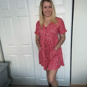 Red and white polka dotted dress with pockets!